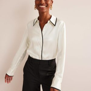 Straight Satin-Tipped Shirt-Ivory. Black