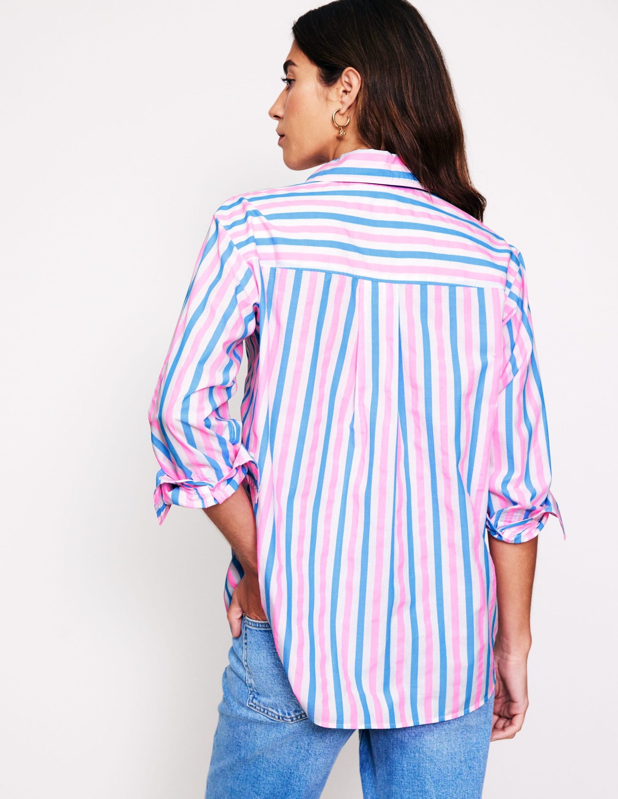 Connie Relaxed Cotton Shirt-Blue and Neon Pink Shirting - Image 3