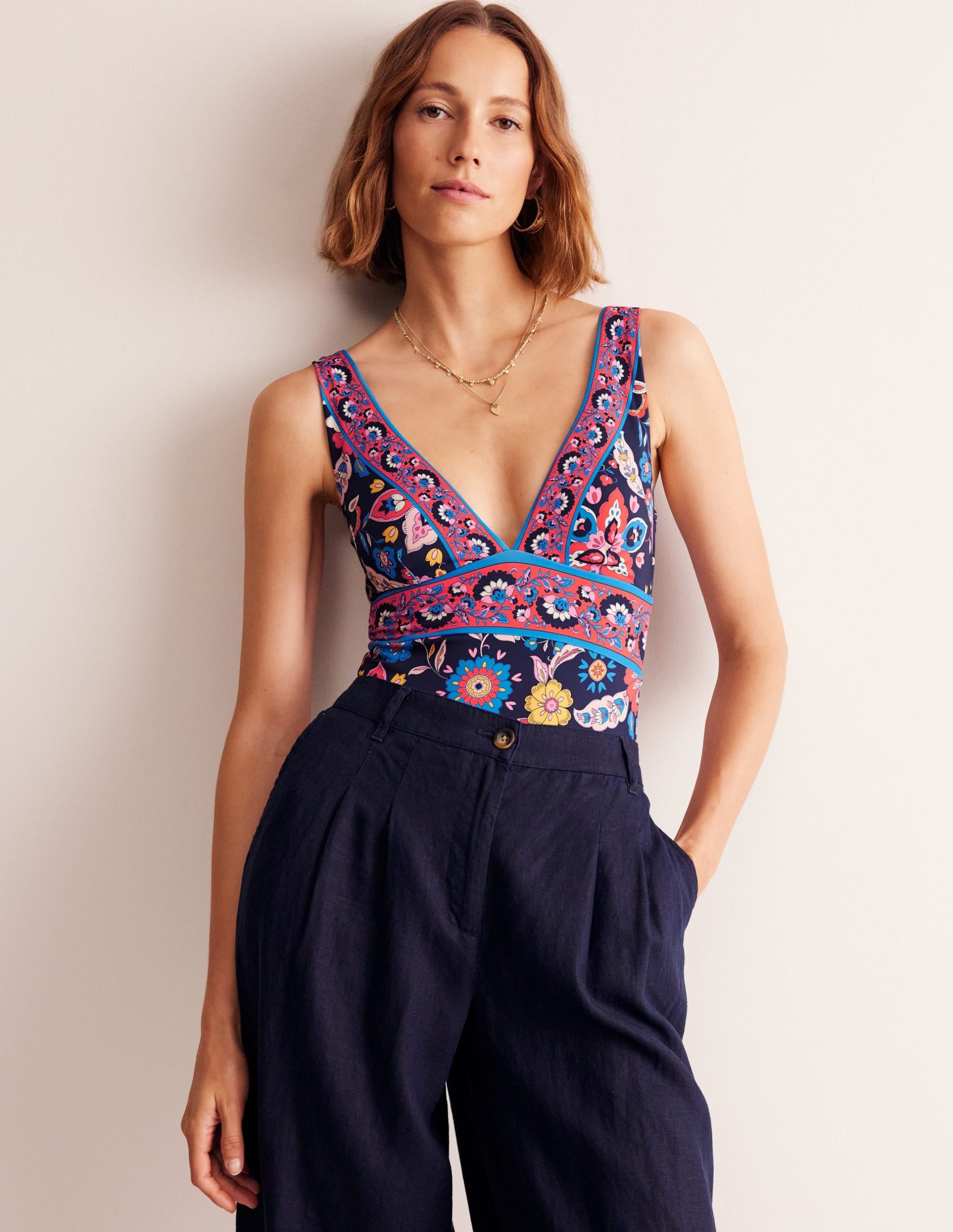 Porto V-Neck Swimsuit-Mandarin Red. Botanical Sprig - Image 5