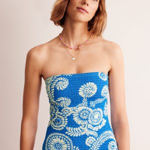 Milos Smocked Bandeau Swimsuit-Indigo Bunting. Abstract Charm