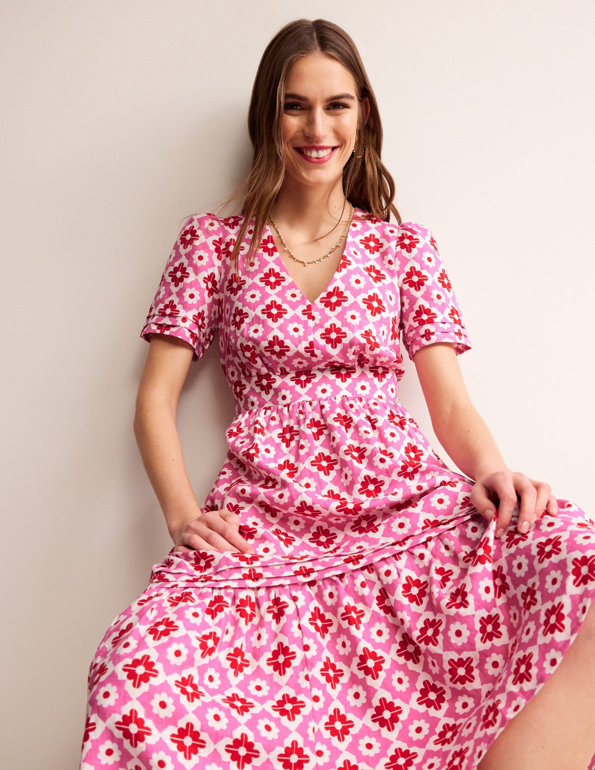 Eve Linen Midi Dress-Pink Power. Geometric Stamp