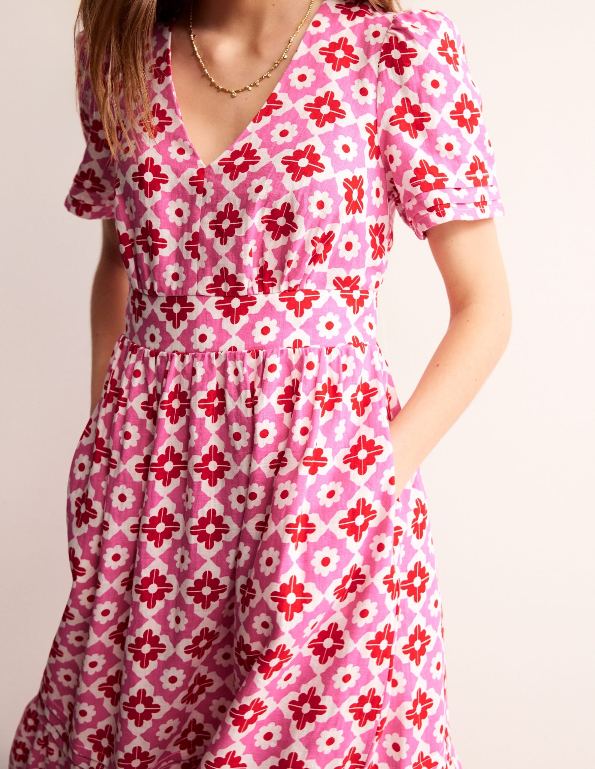 Eve Linen Midi Dress-Pink Power. Geometric Stamp - Image 3