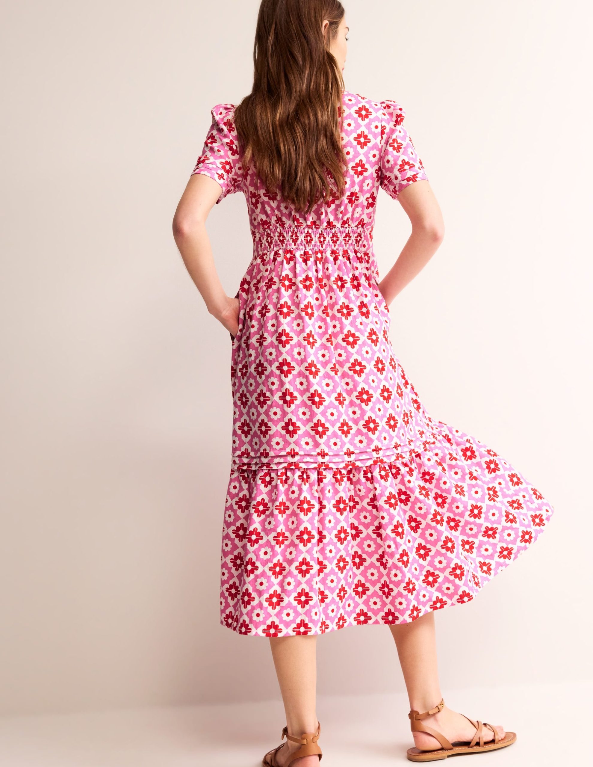 Eve Linen Midi Dress-Pink Power. Geometric Stamp - Image 4