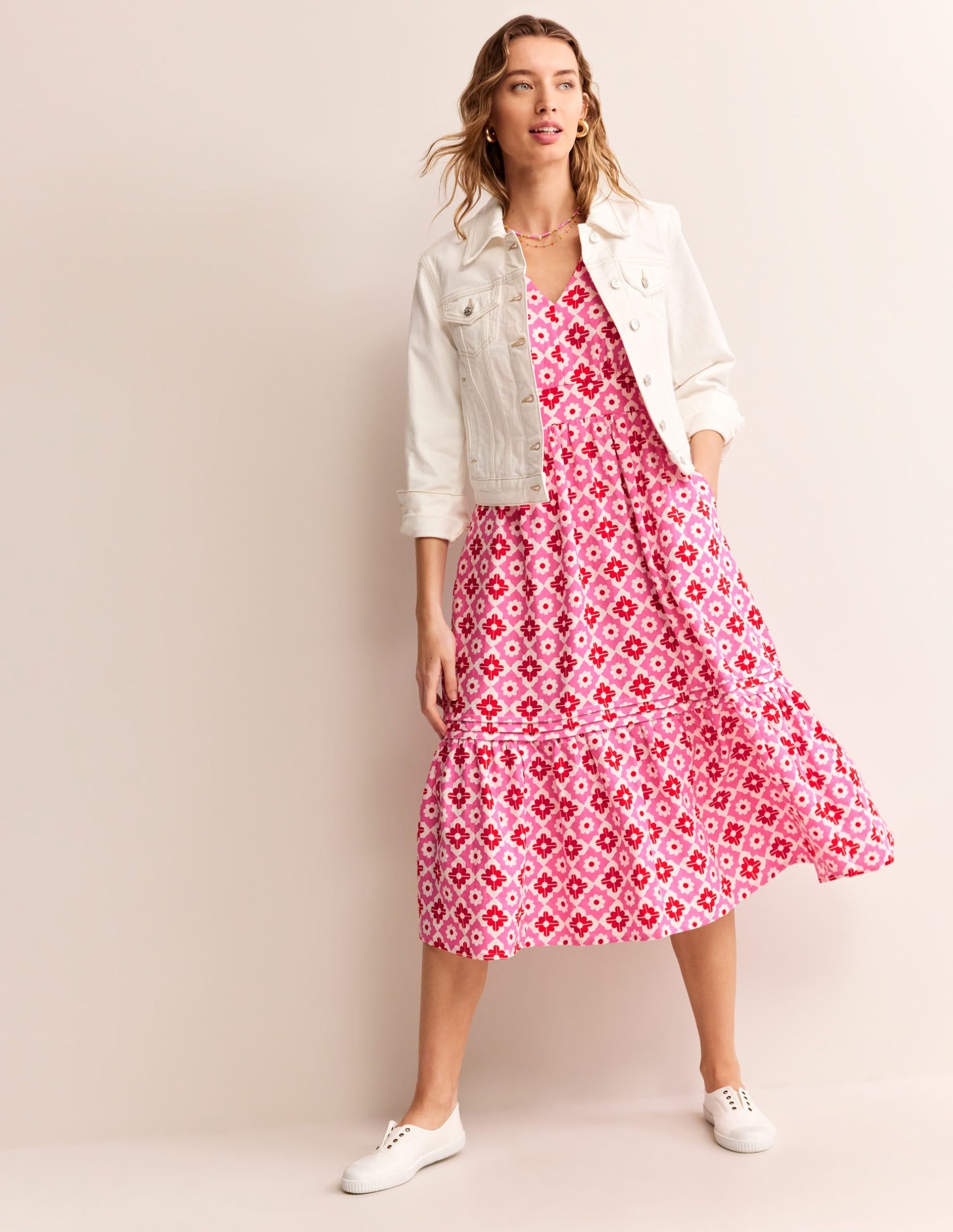 Eve Linen Midi Dress-Pink Power. Geometric Stamp - Image 5