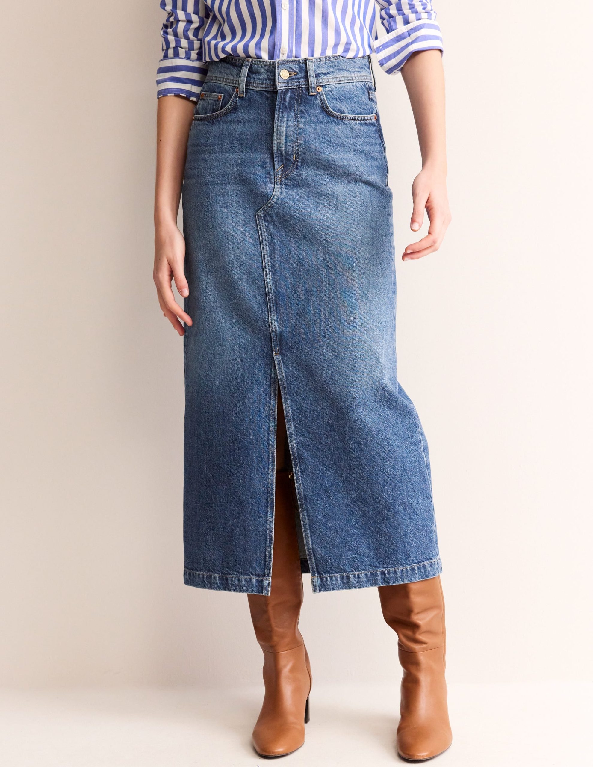 5 Pocket Denim Maxi Skirt-Mid Wash - Image 4