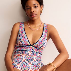Porto V-Neck Swimsuit-Ivory. Flora Stamp