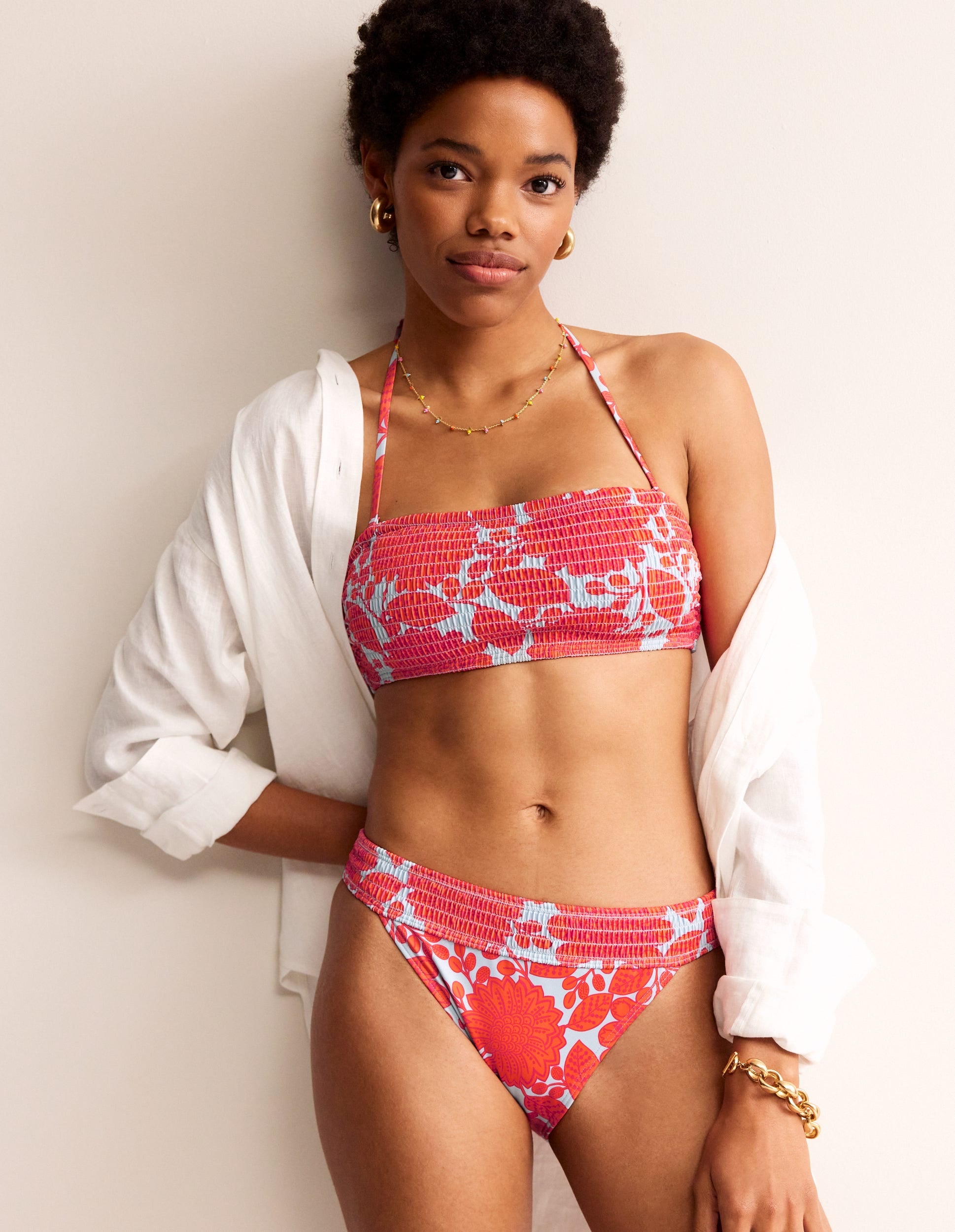 Milos Smocked Bikini Bottoms-Fire Cracker. Gardenia Swirl