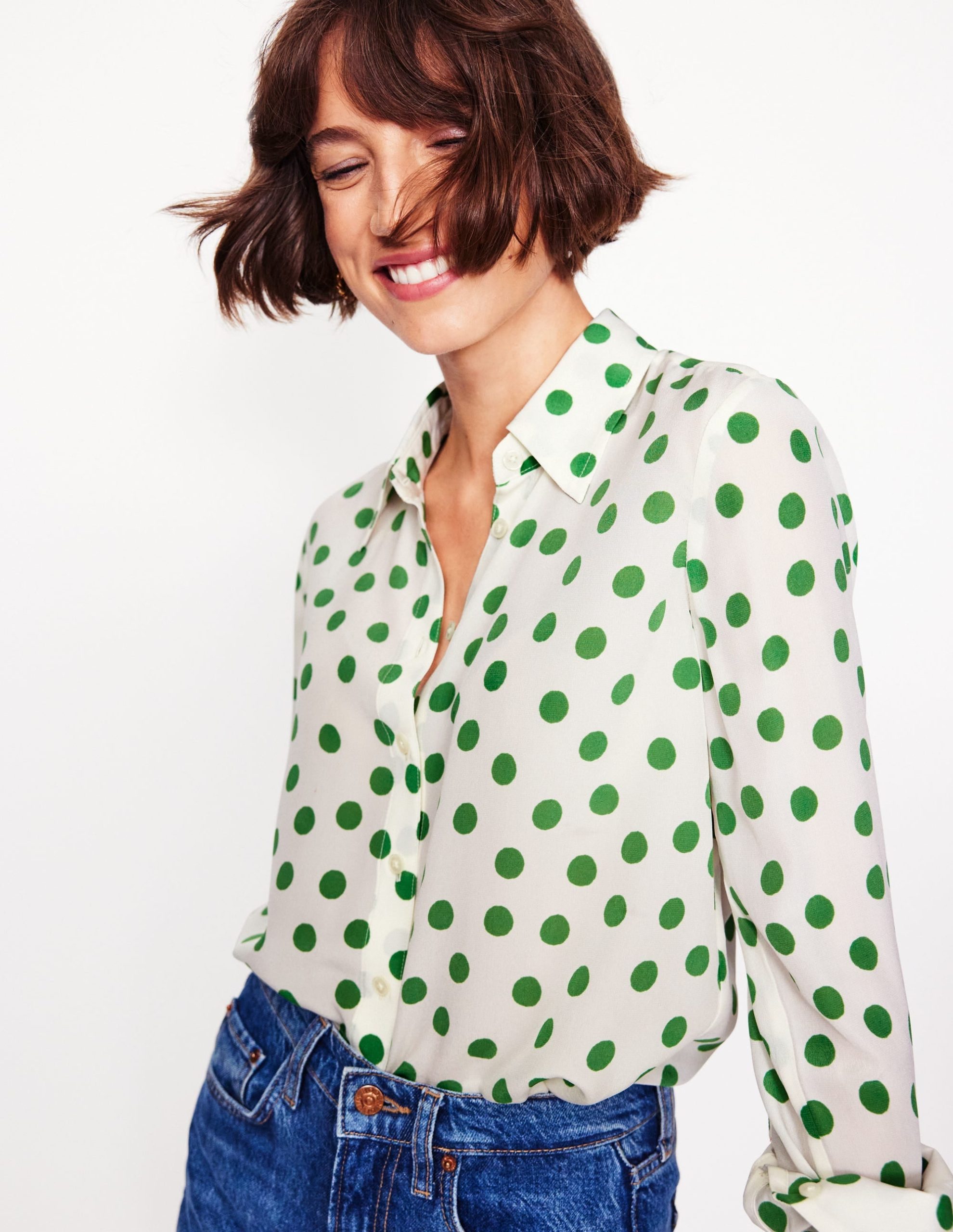 Sienna Silk Shirt-Ivory. Green Abstract Dot