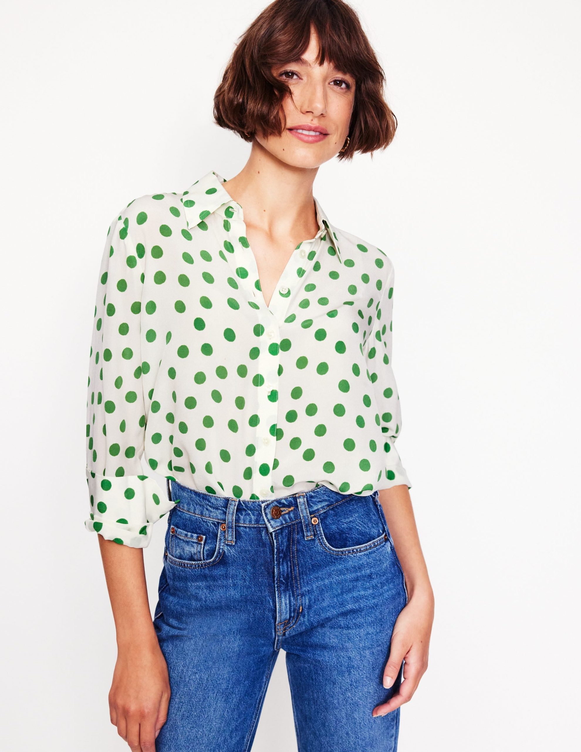 Sienna Silk Shirt-Ivory. Green Abstract Dot - Image 4