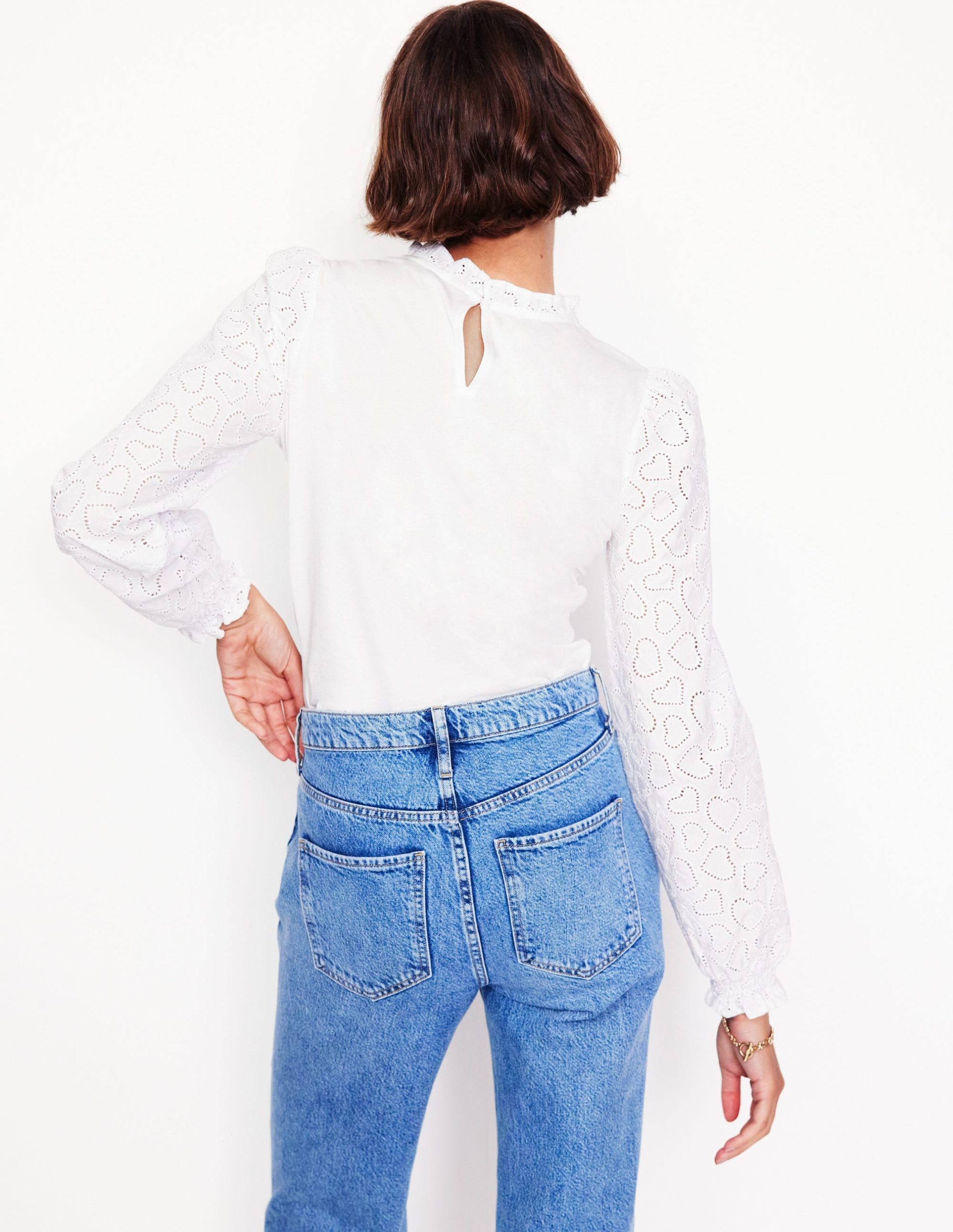 Broderie Sleeve Frill Neck Top-White - Image 3