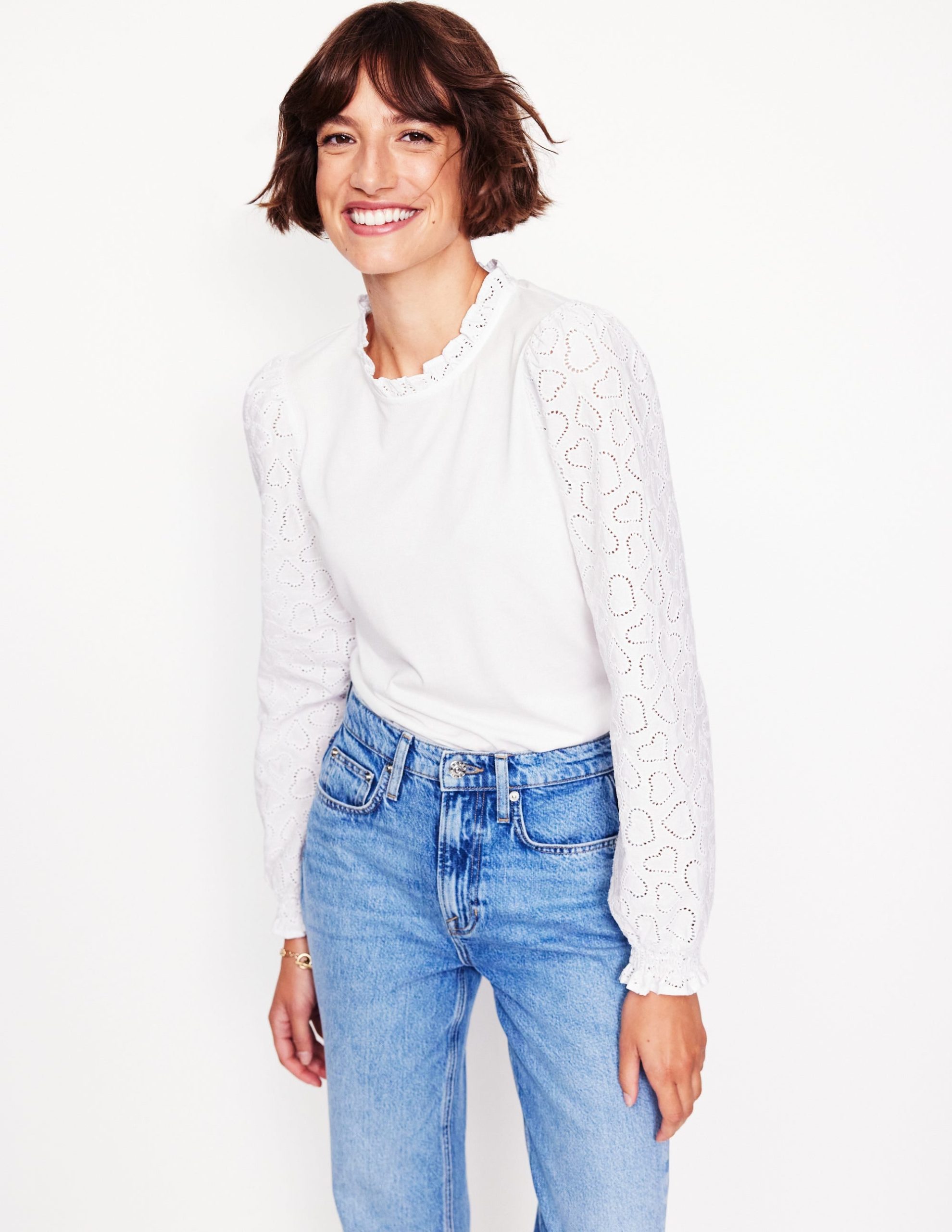 Broderie Sleeve Frill Neck Top-White - Image 4
