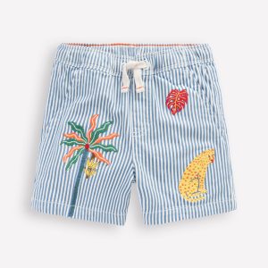 Pull-On Cotton Shorts-Campanula Ticking Embroidery