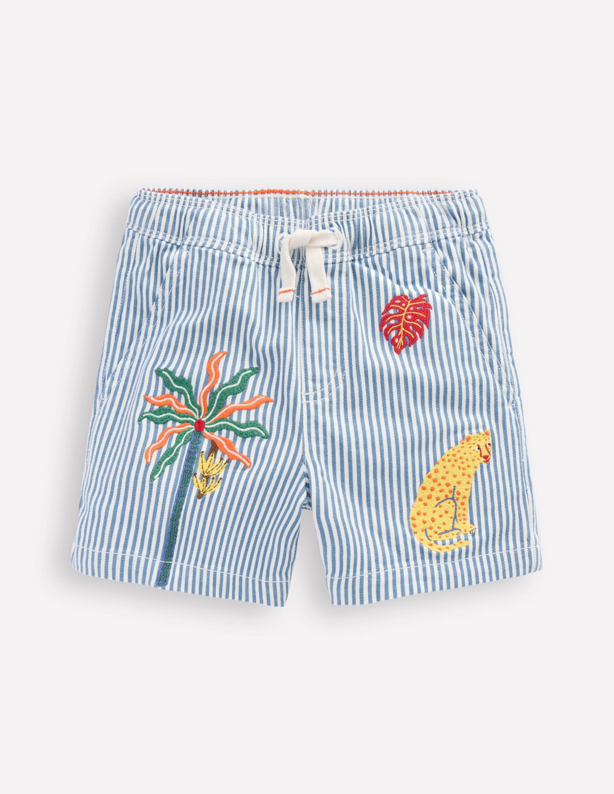 Pull-On Cotton Shorts-Campanula Ticking Embroidery