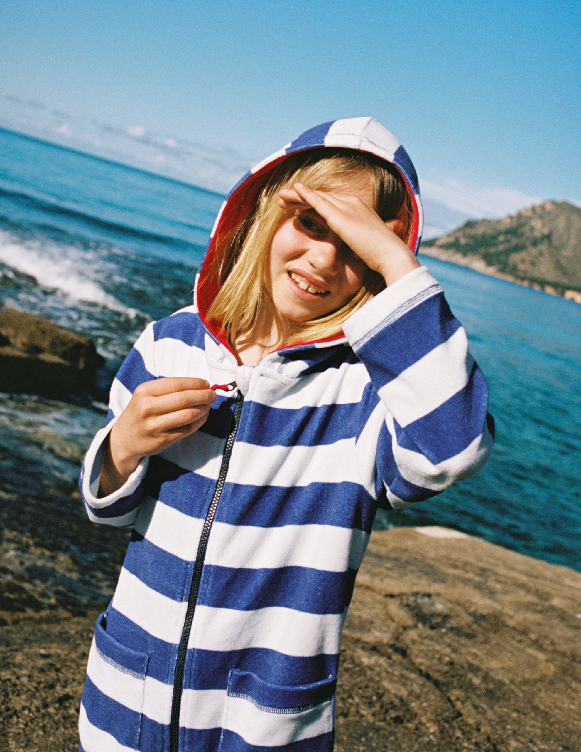 Towelling Zip-Up Throw-On-Sapphire Blue Stripe