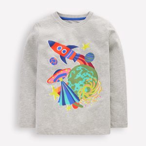 Long Sleeve Printed T-shirt-Grey Marl Space