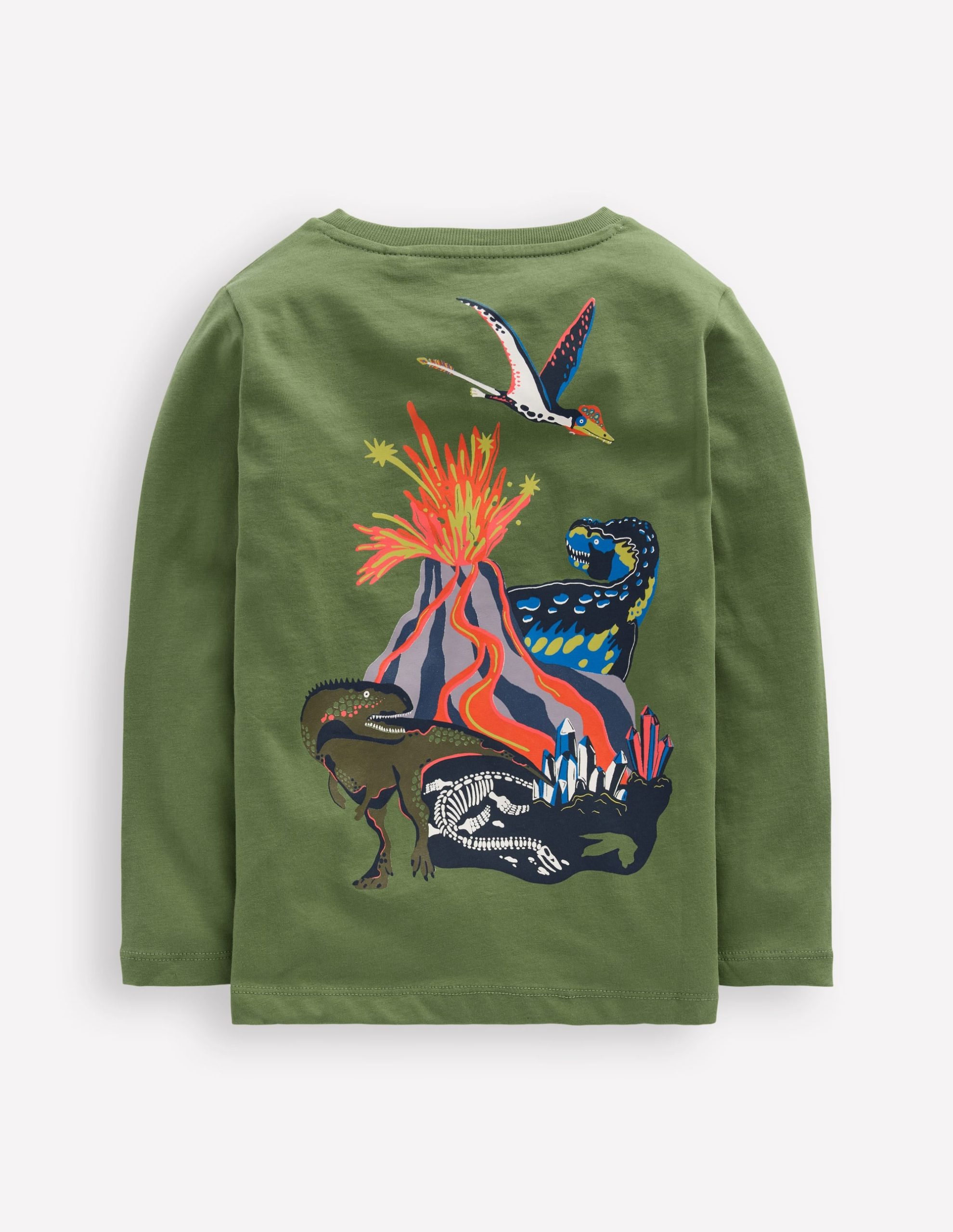 Front & Back Printed T-shirt-Green Volcano Dino - Image 2