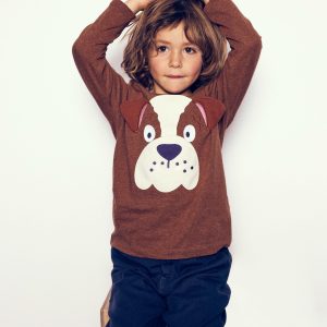 Fun Applique T-Shirt-Brown Marl Bulldog