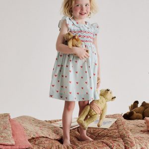 Adeline Smocked Dress-Glacier Blue Spaced Tiny Bows