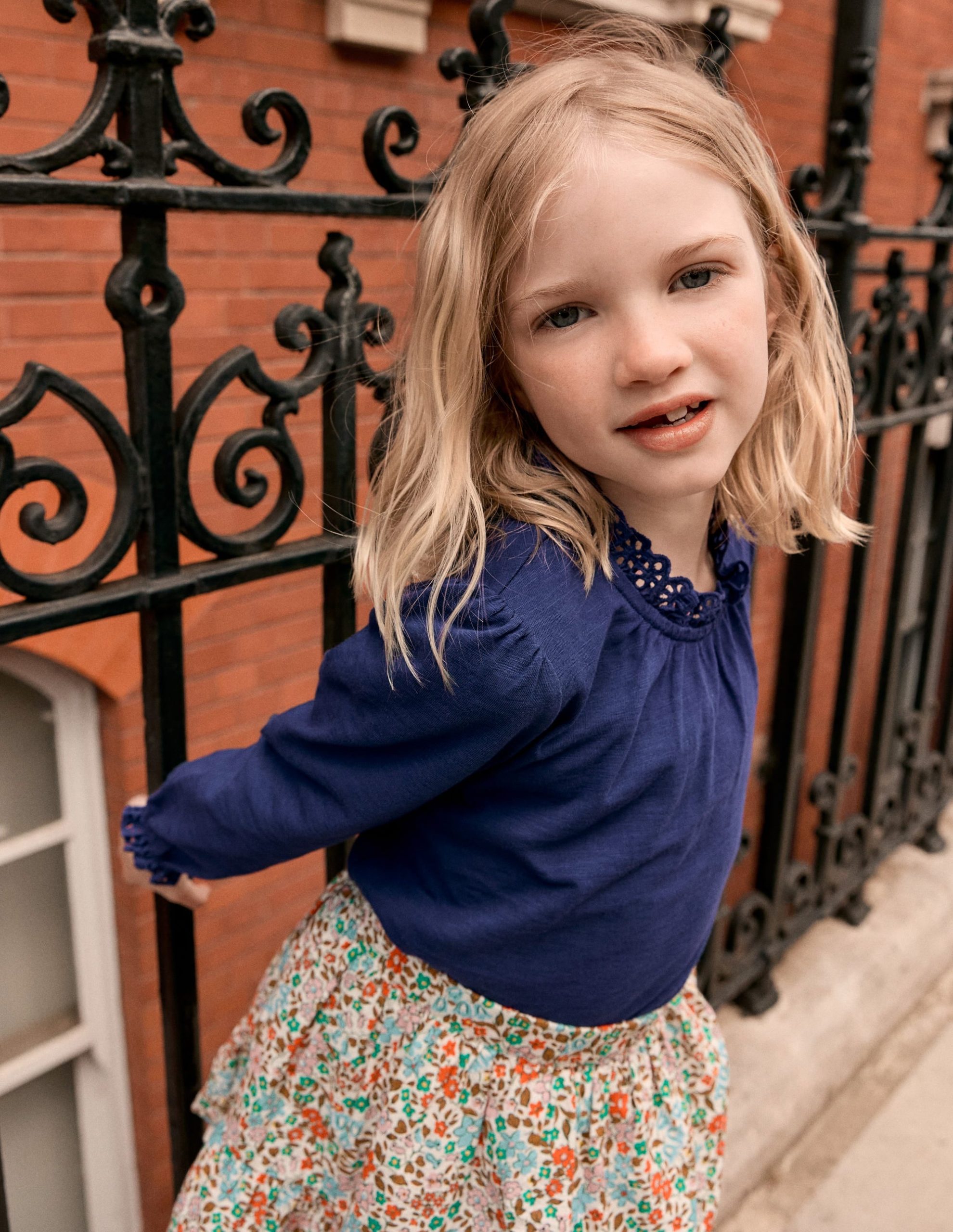 Broderie Trim Jersey Top-Starboard Blue