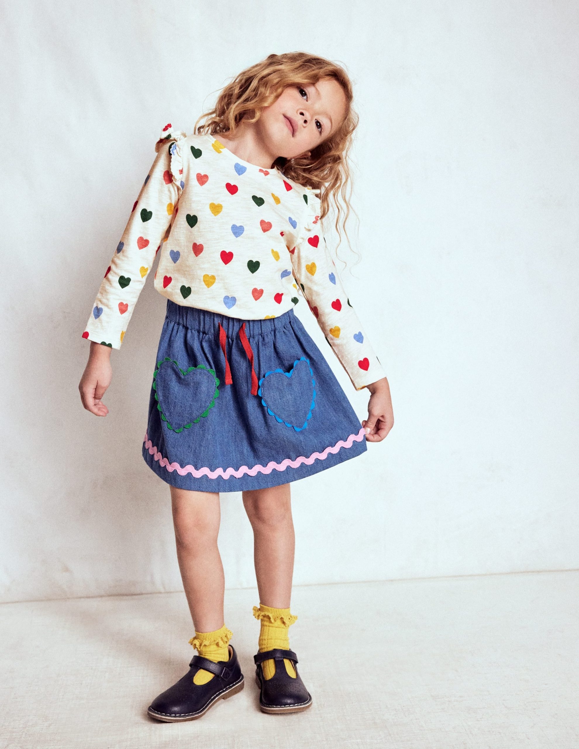 Frill Sleeve Slub Top-Rainbow Hearts - Image 2