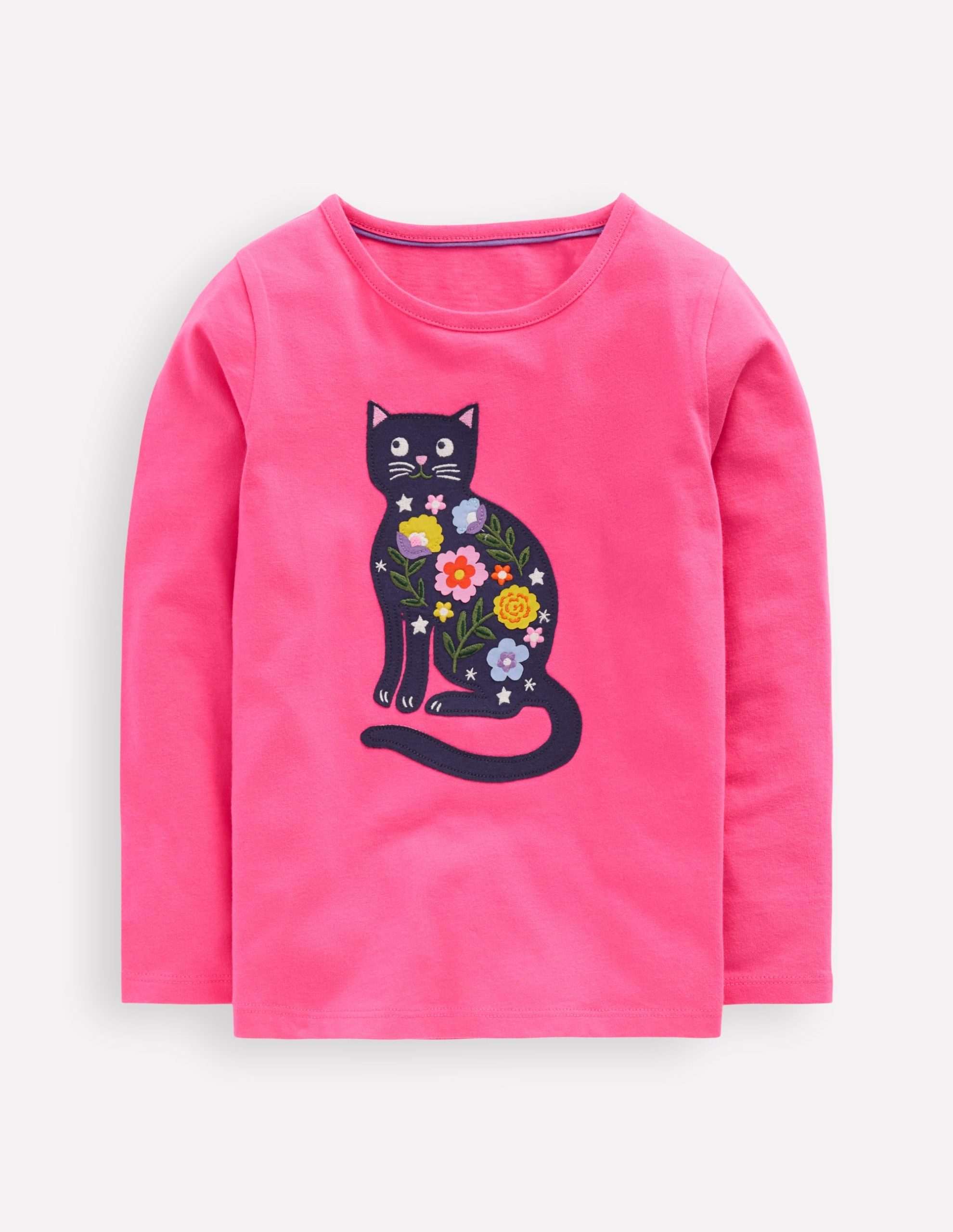 Long Sleeve Appliqu?? T-shirt-Sorbet Pink Cat