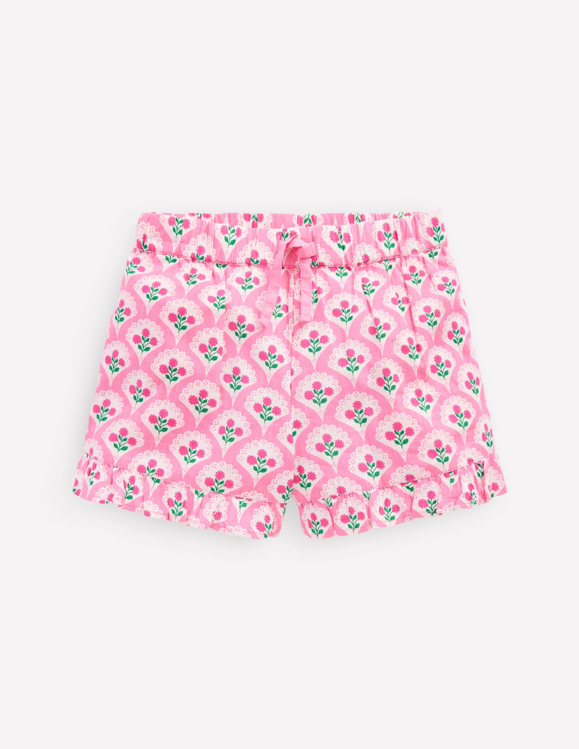 Juniper Woven Frill Shorts-Pink Rose Woodblock Floral