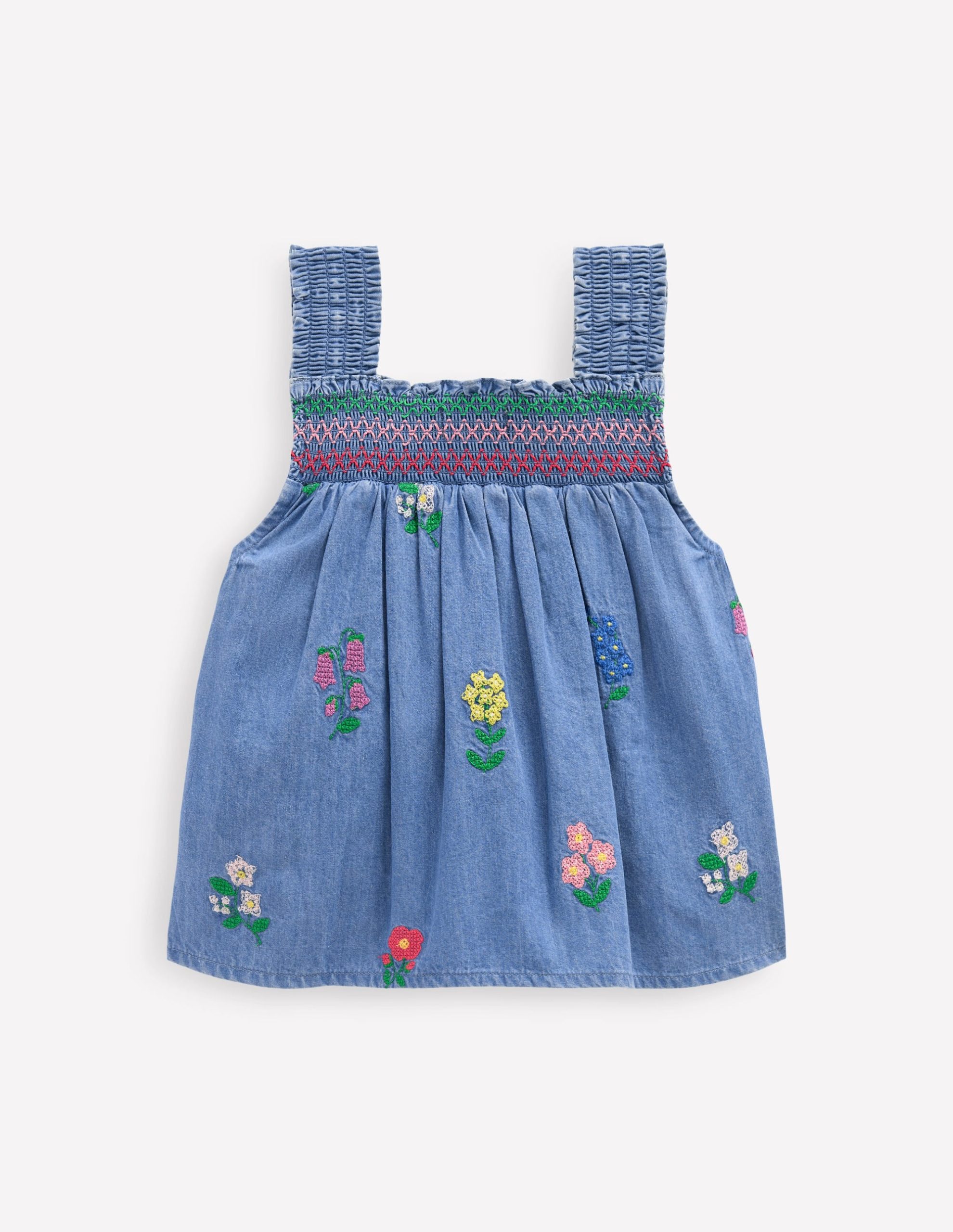 Smocked Woven Top-Chambray Cross Stitch Flowers - Image 2