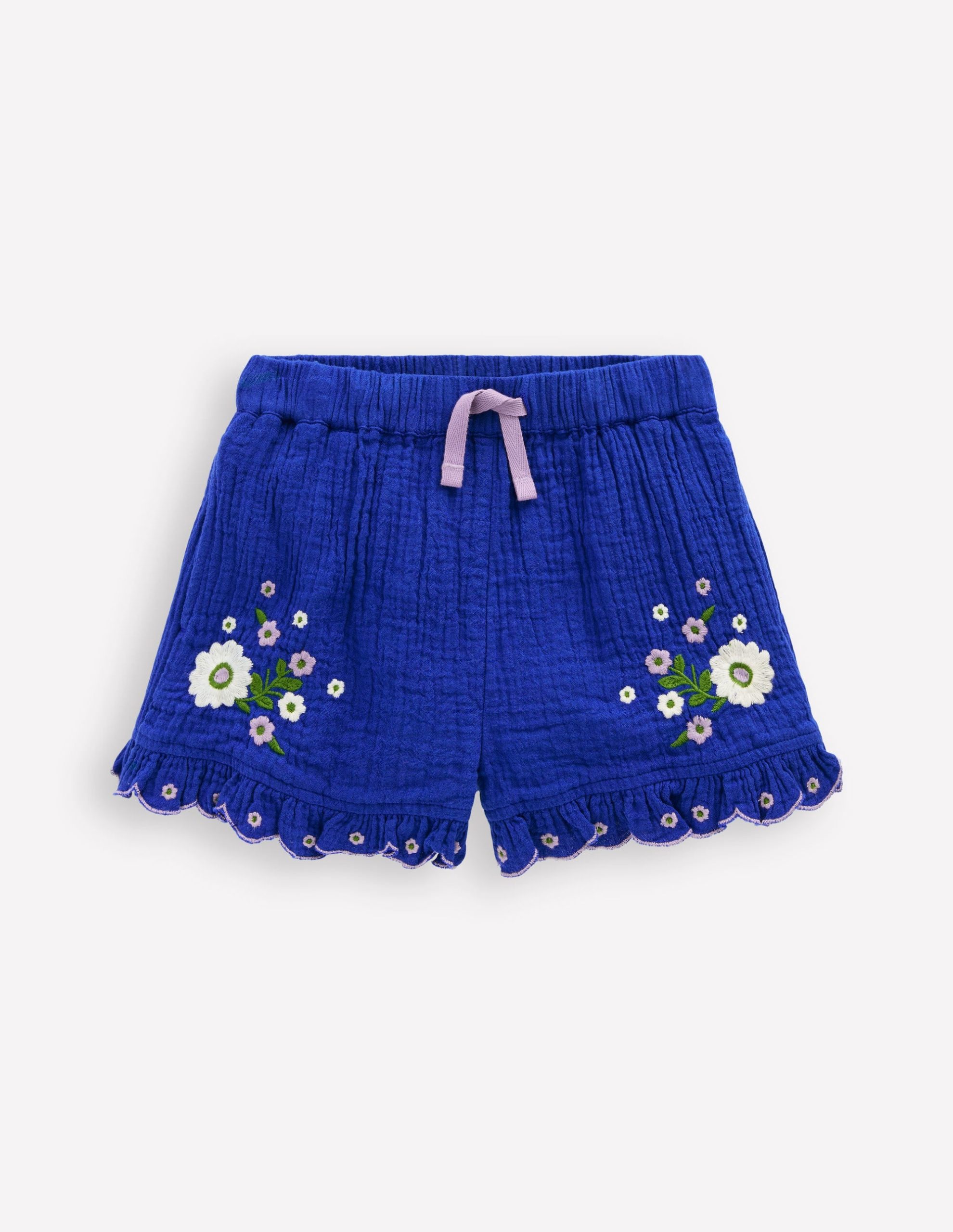 Double Cloth Frill Hem Shorts-Bright Blue Embroidered - Image 2