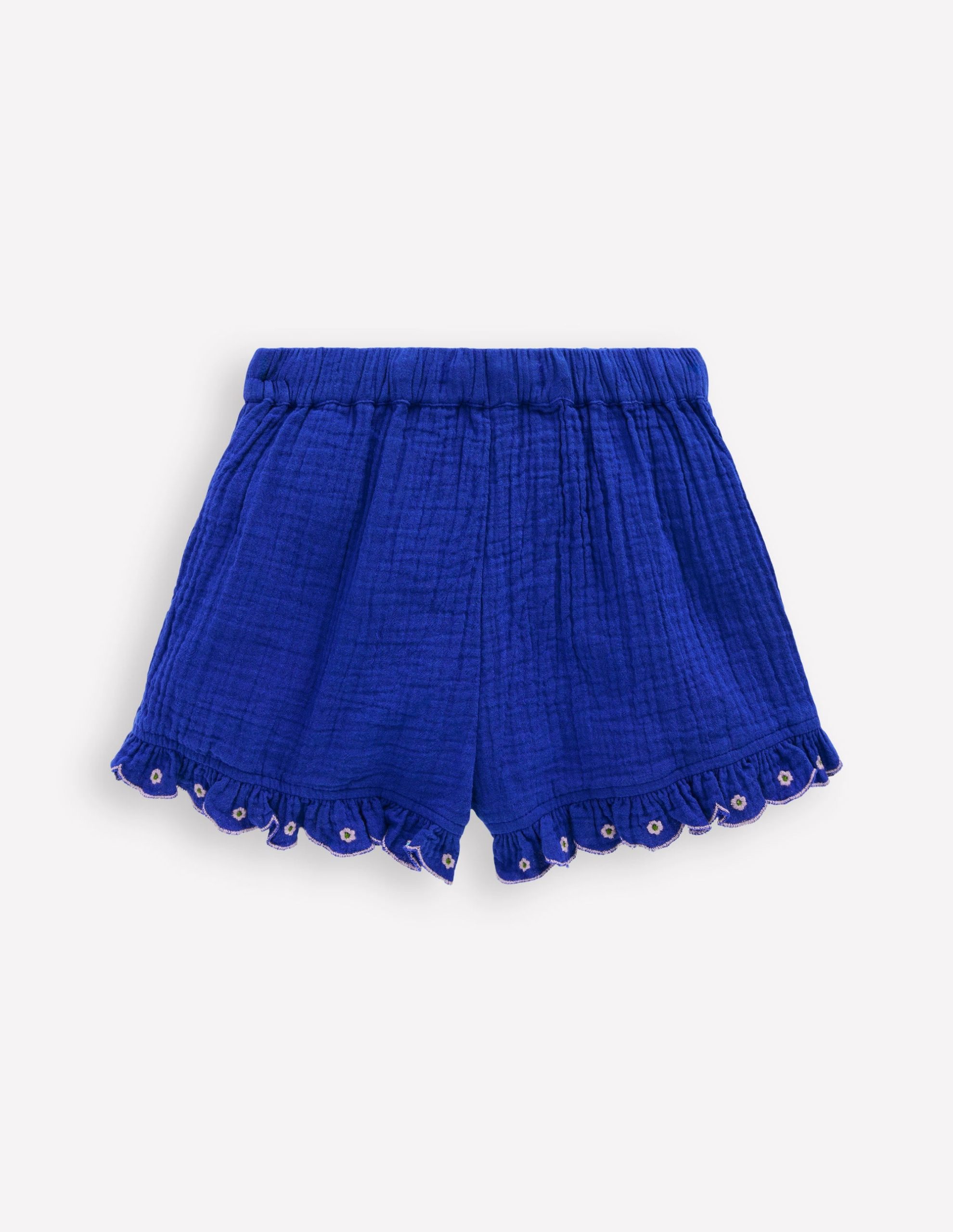Double Cloth Frill Hem Shorts-Bright Blue Embroidered - Image 3