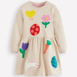 Joan Boucle Appliqu?? Dress-Oatmeal Marl Easter Patches