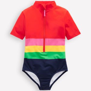 Short-sleeved Swimsuit-Red Multi Stripe