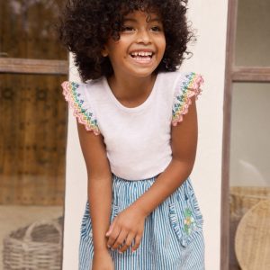 Applique Pocket Skirt-Blue Ticking Floral Stripe