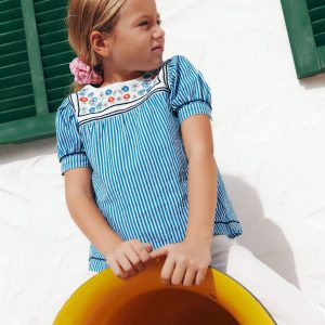 Puff Sleeve Sailors Top-Peacock Plume / Ivory Stripe