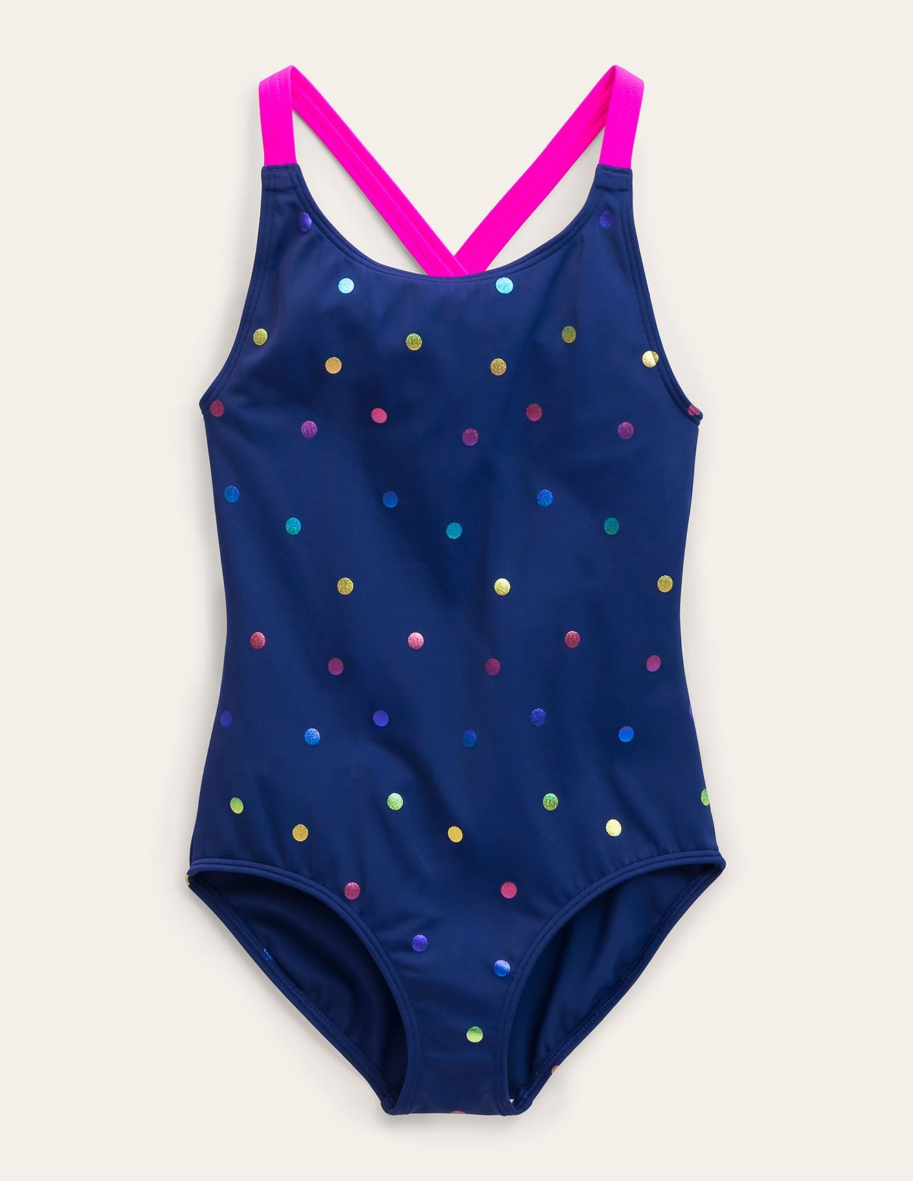 Cross-back Printed Swimsuit-Navy. Rainbow Foil Confetti