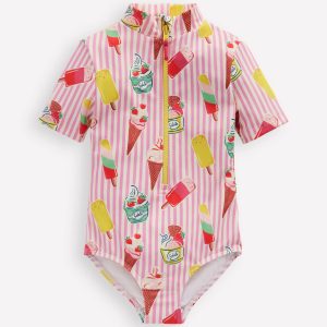 Short-sleeved Swimsuit-Vintage Pink Ice Cream Stripe