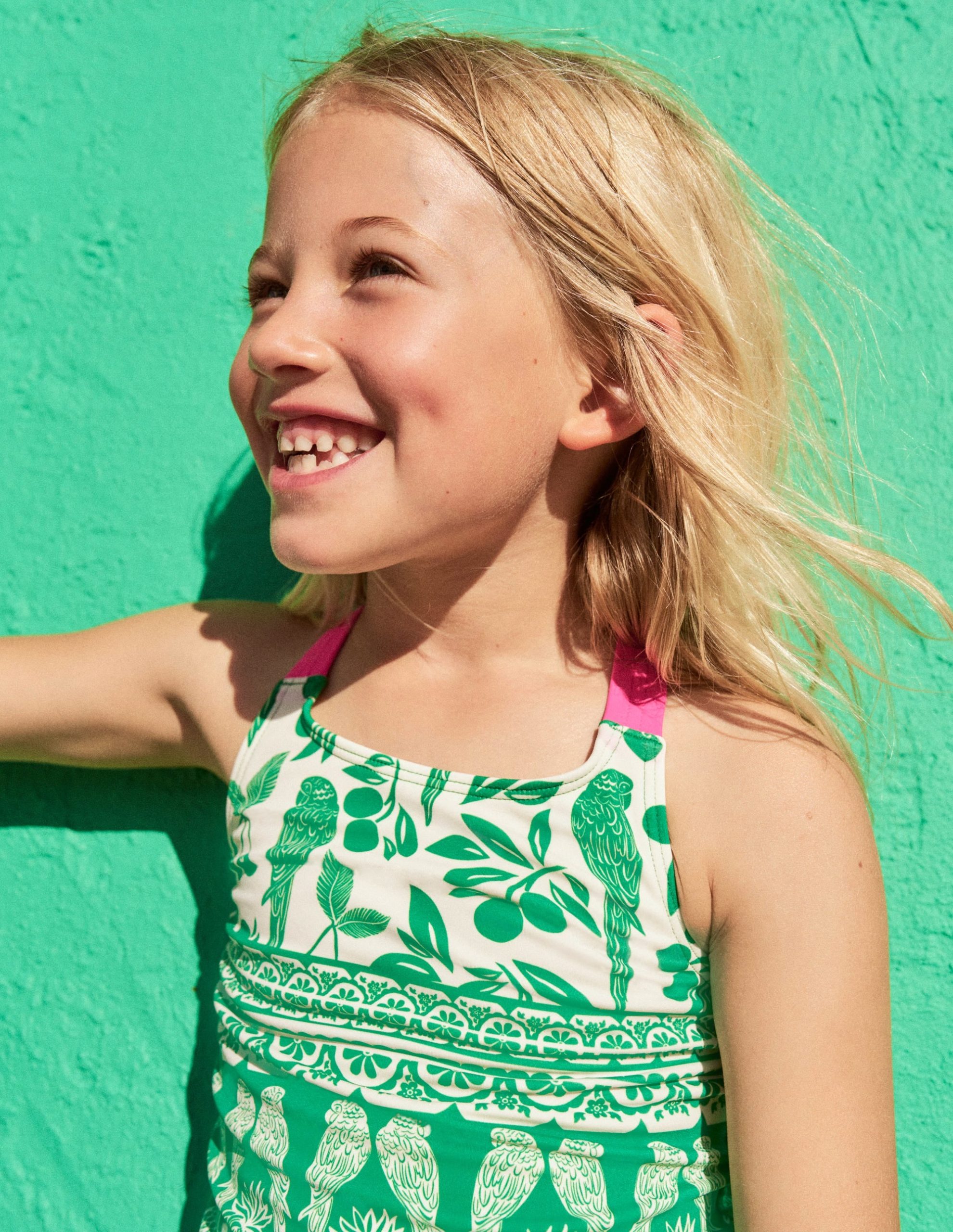 Cross-back Tankini Top-Rich Emerald Parrot Palm