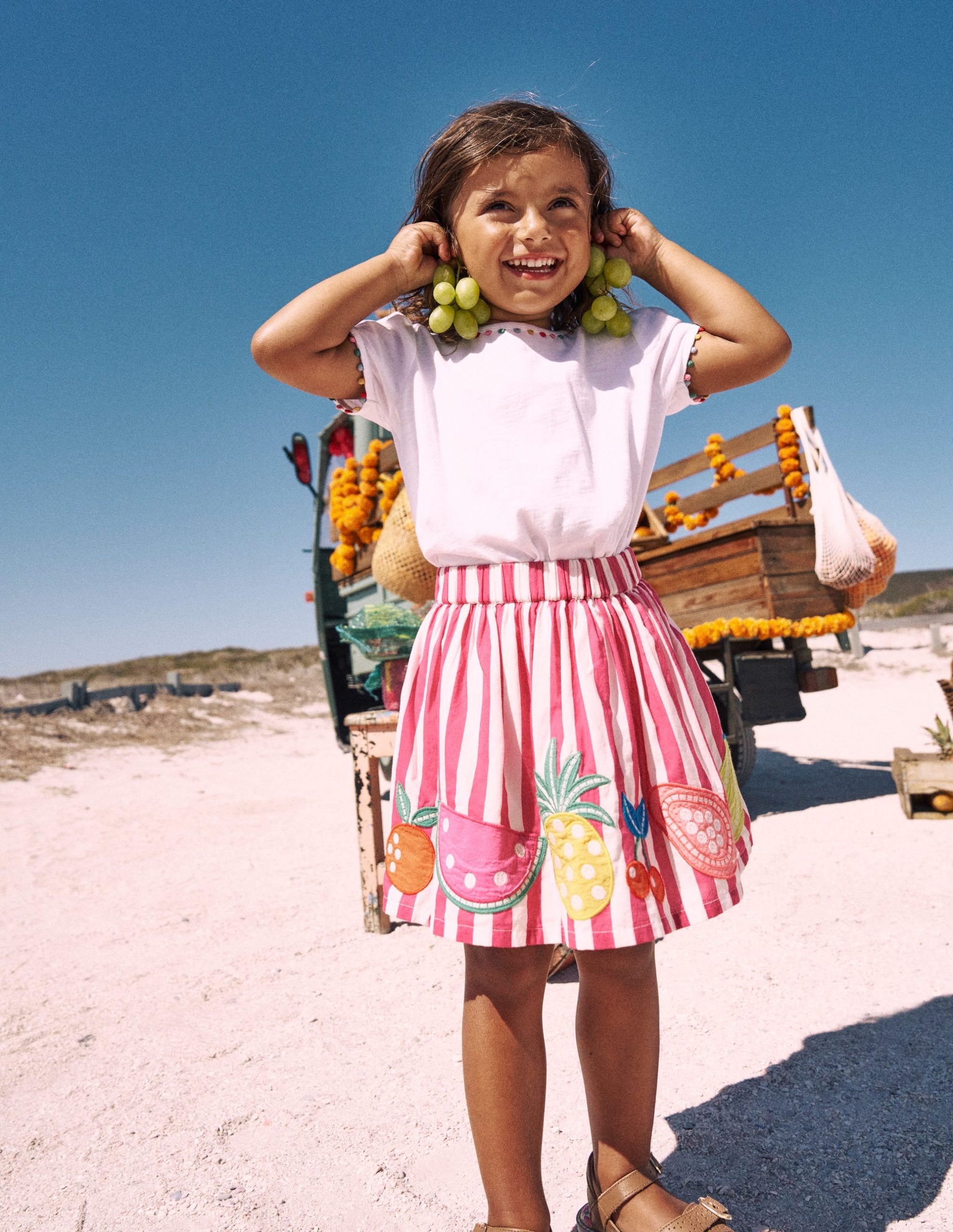 Appliqu?? Skirt-Fruit Pink Stripe