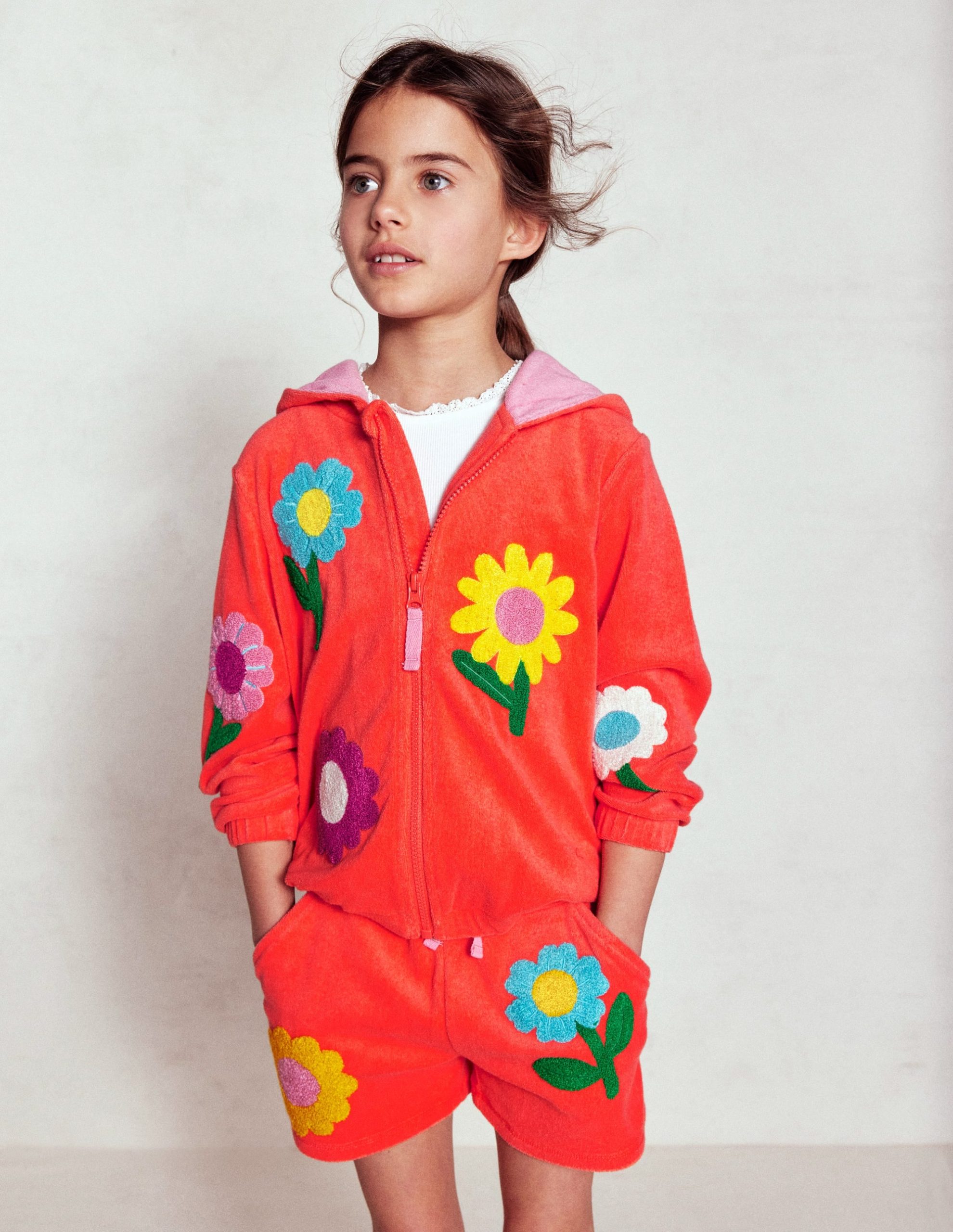 Printed Towelling Short-Coral Orange Flowers - Image 2