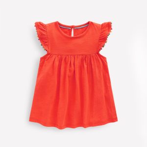 Frill Sleeve Pom Top-Coral Orange