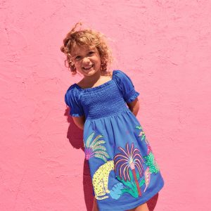 Clare Shirred Appliqu?? Dress-Blue Safari Animals