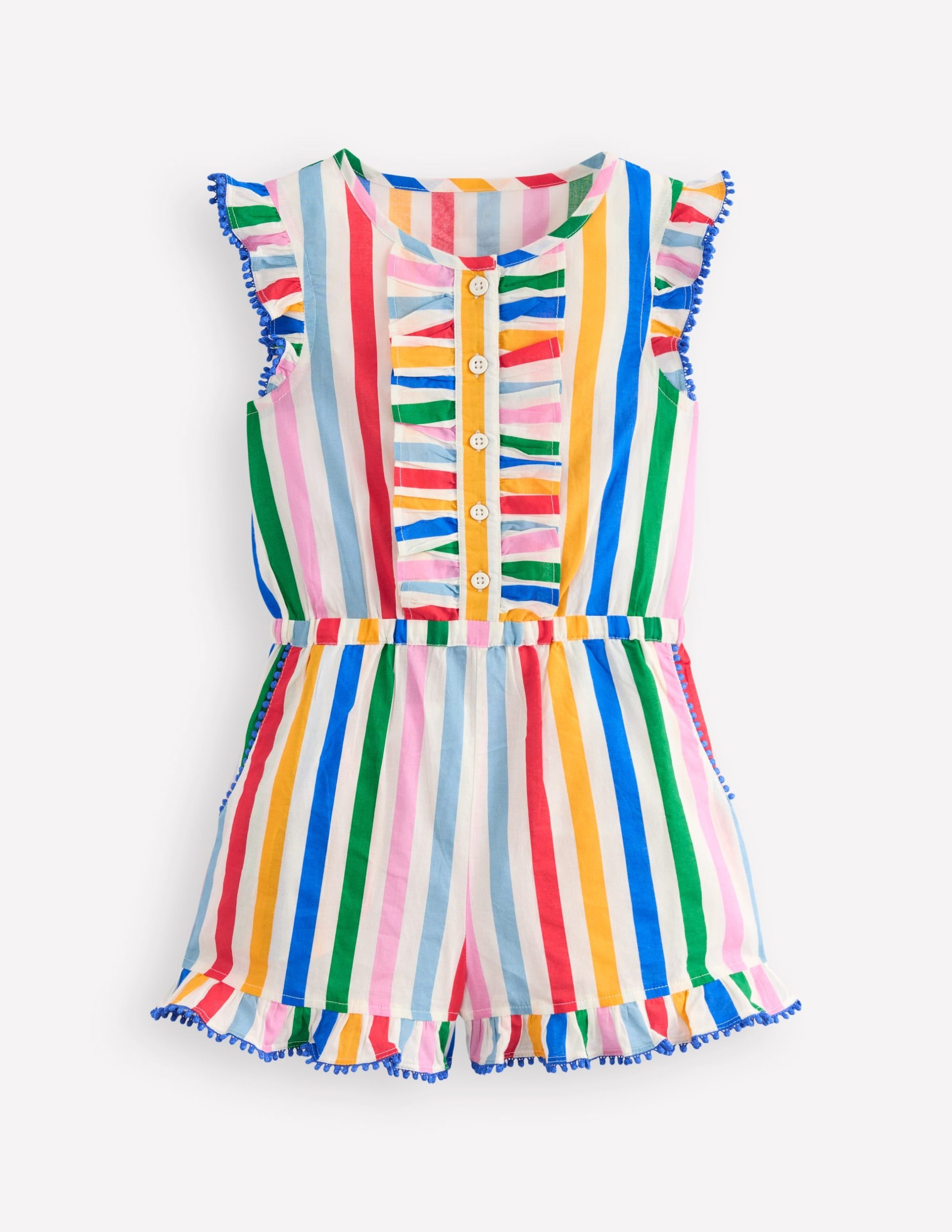 Button Through Ruffle Playsuit-Rainbow Multi Stripe