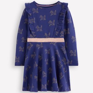 Cora Twirly Jersey Dress-Navy Foil Poodles
