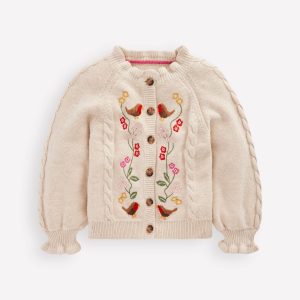 Pretty Embroidered Cardigan-Oatmeal Marl