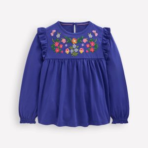 Embroidered Jersey Yoke Top-Sapphire Blue Embroidery