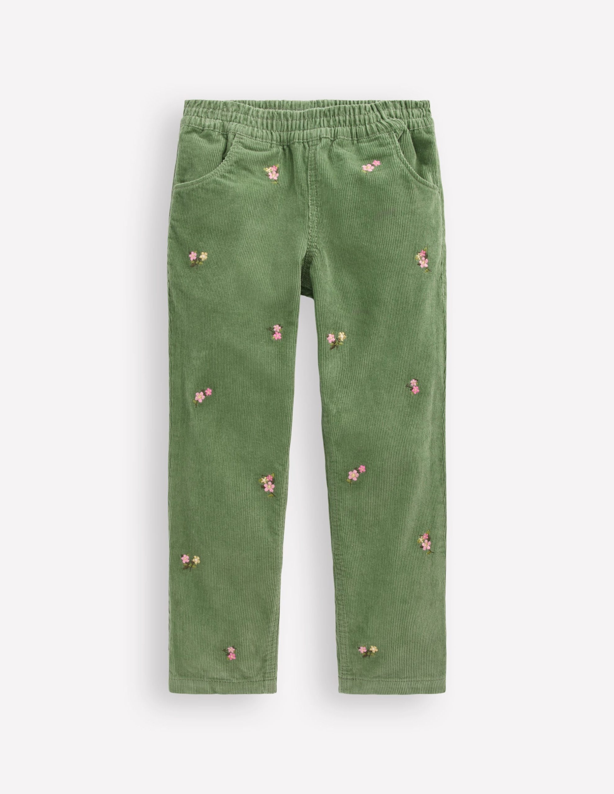 Cord Embroidered Pull-On Pants-Broccoli Green Embroidered