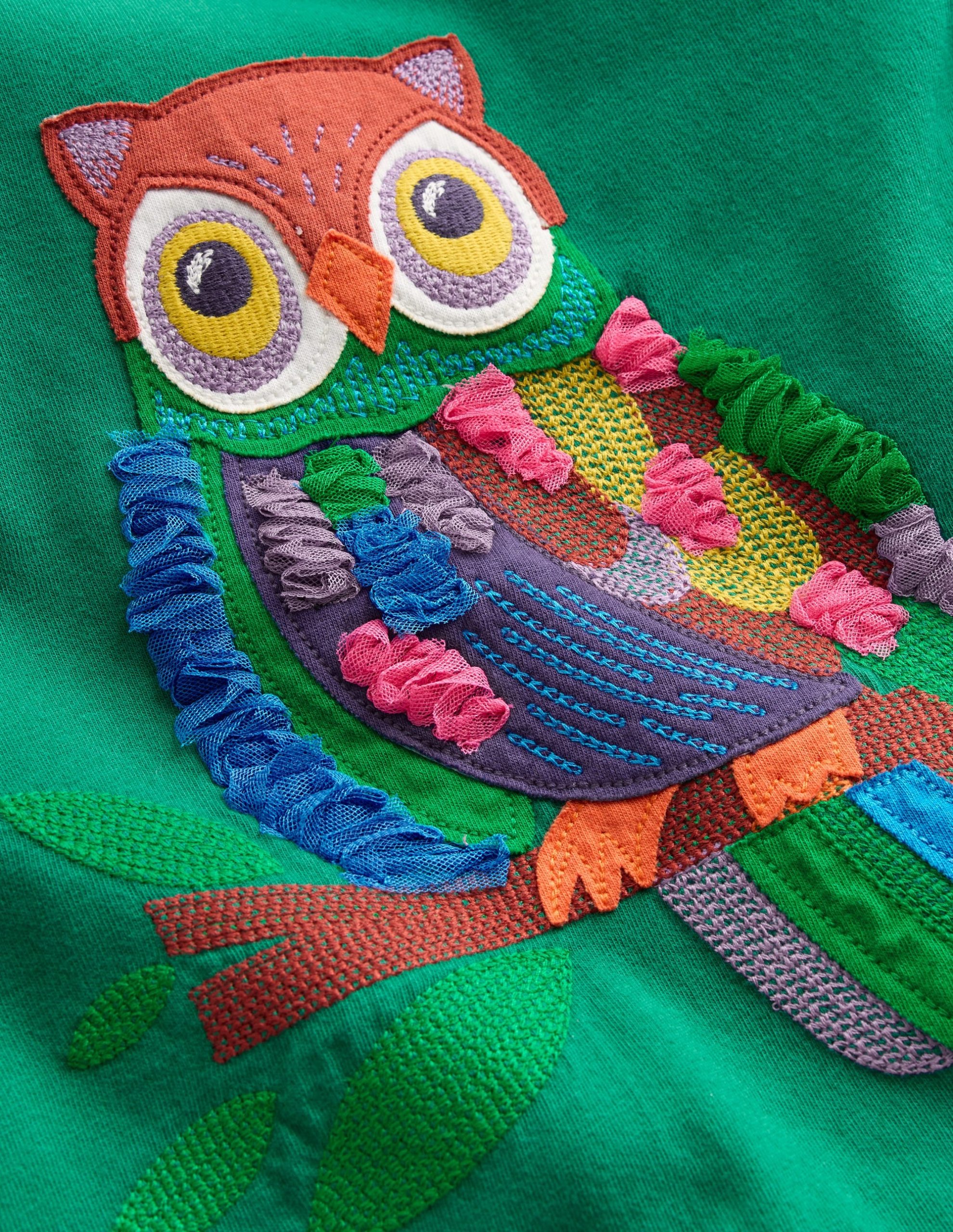 Puff Sleeve Applique T-Shirt-Green Owl - Image 3