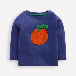 Long Sleeve Applique T-Shirt-Navy Pumpkin