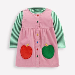 Woven Pinny Dress Set-Pink Apple