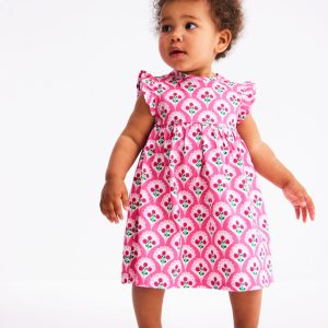 Jersey Frill Sleeve Dress-Pink Rose Woodblock Floral