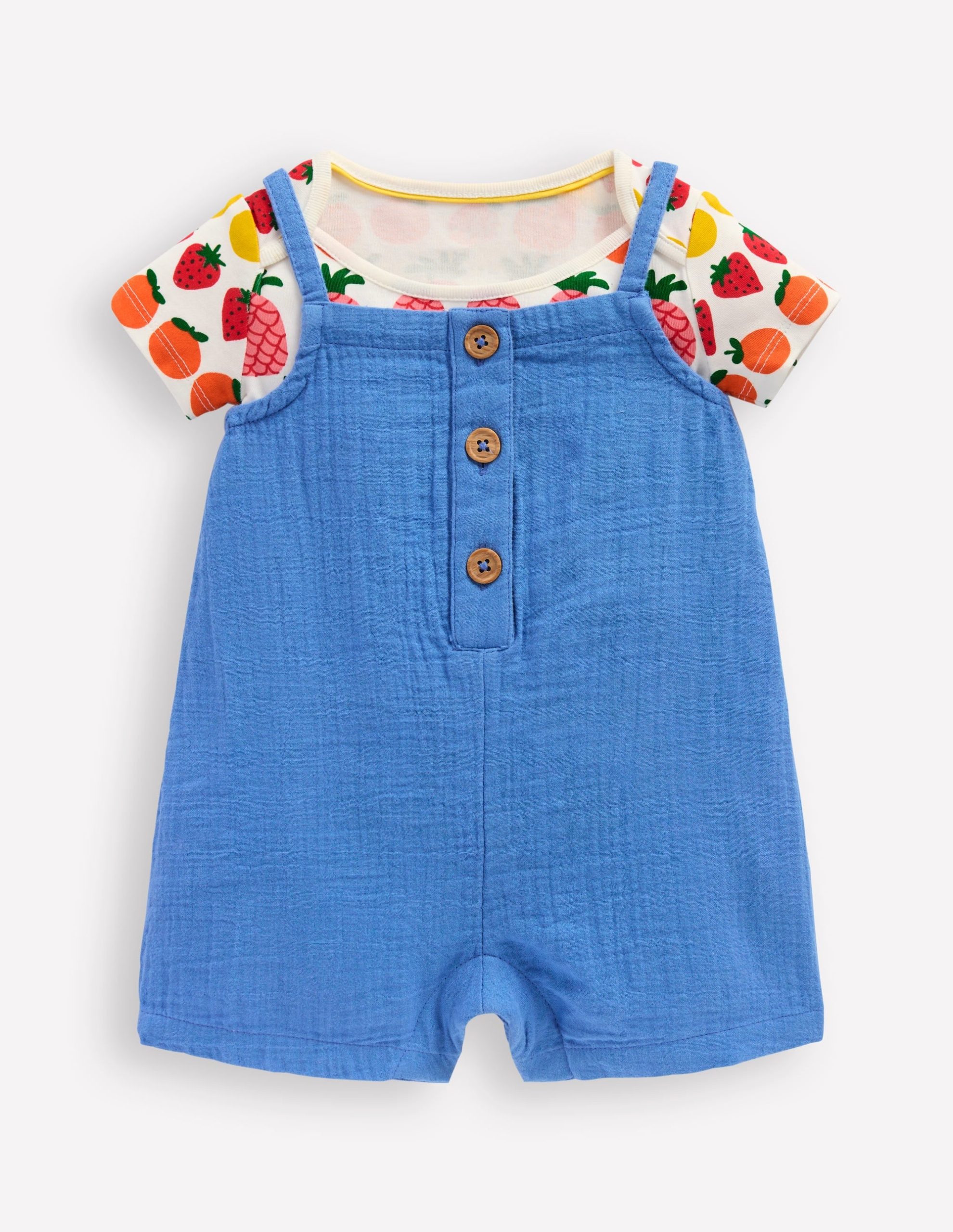 Double Cloth Overalls Set-Peacock Plume Blue Fruit - Image 5